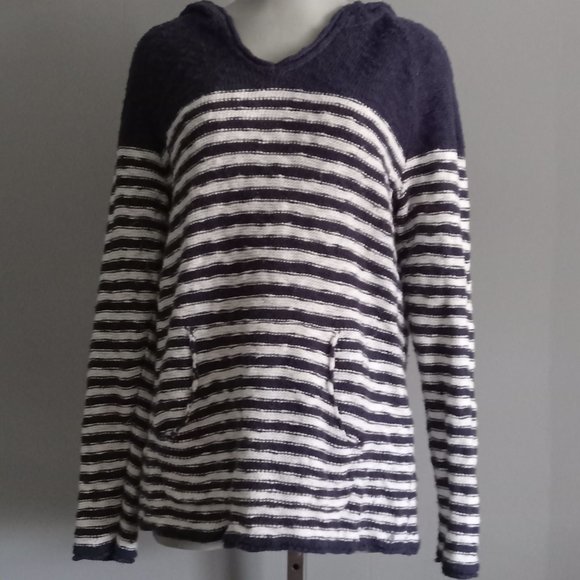 Eddie Bauer pullover hooded kangaroo pocket cotton sweater navy white stripe szL - Picture 2 of 4